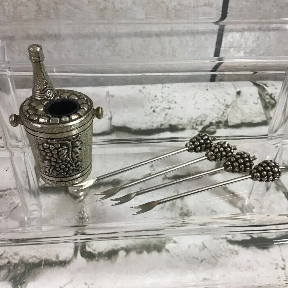 Vintage 1970’s Silver Plated Olive‎ Cocktail Fork Set Wine Bucket Grapes RARE